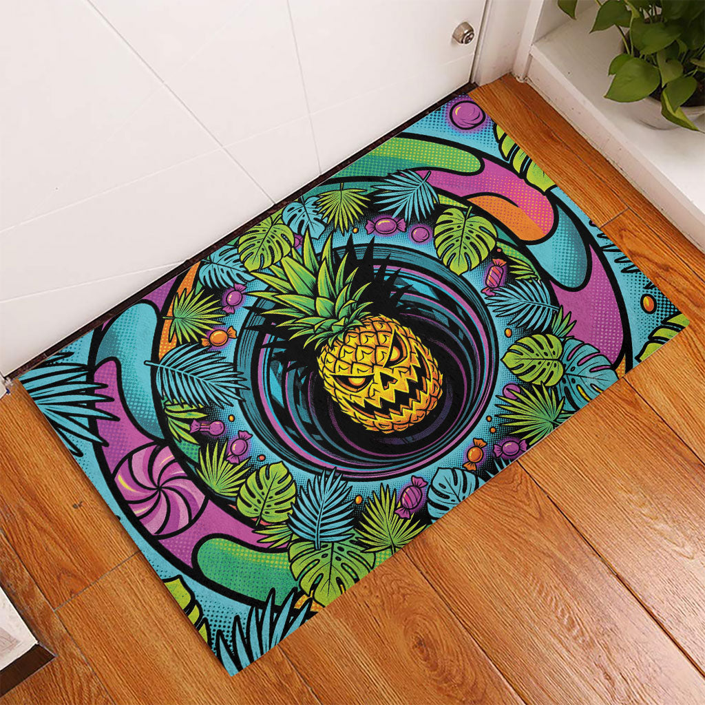 3D Illusion Pineapple Jack O Lantern Halloween Rubber Doormat Tropical Spooky Fruit Monstera Swirl DT05 - Polynesian Pride