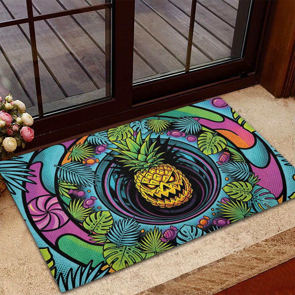 3D Illusion Pineapple Jack O Lantern Halloween Rubber Doormat Tropical Spooky Fruit Monstera Swirl DT05 - Polynesian Pride