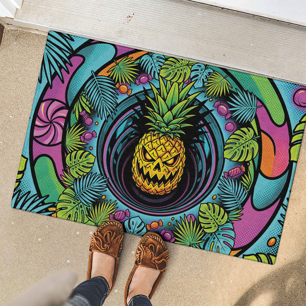 3D Illusion Pineapple Jack O Lantern Halloween Rubber Doormat Tropical Spooky Fruit Monstera Swirl DT05 - Polynesian Pride