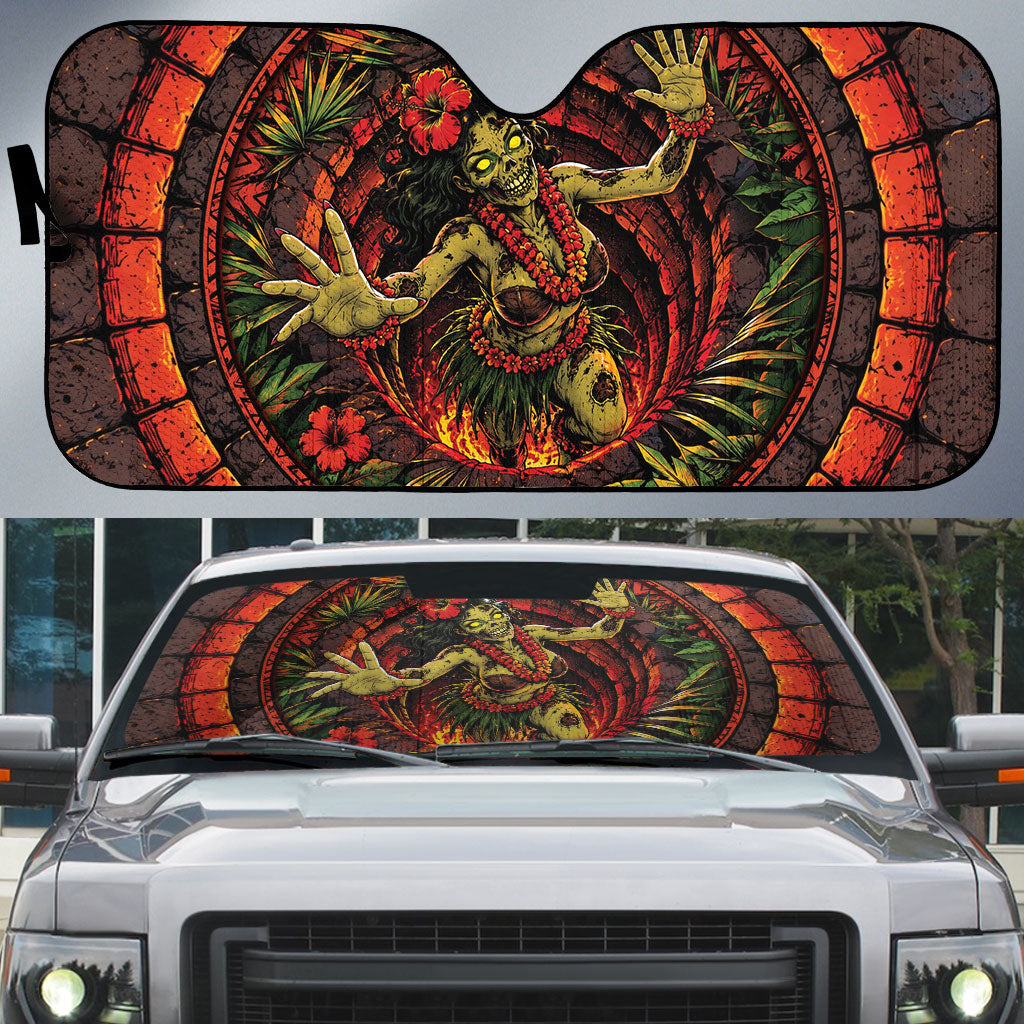 3D Illusion Hula Zombie Halloween Auto Sun Shade Hawaiian Undead Dancer Volcano Stone Well