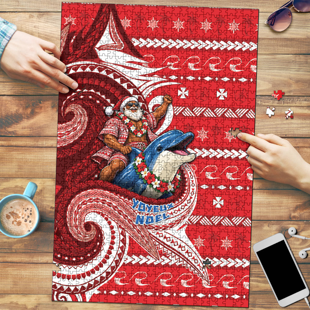 Wallis And Futuna Christmas Puzzle Santa Riding Ocean Dolphin DT05 Red - Polynesian Pride