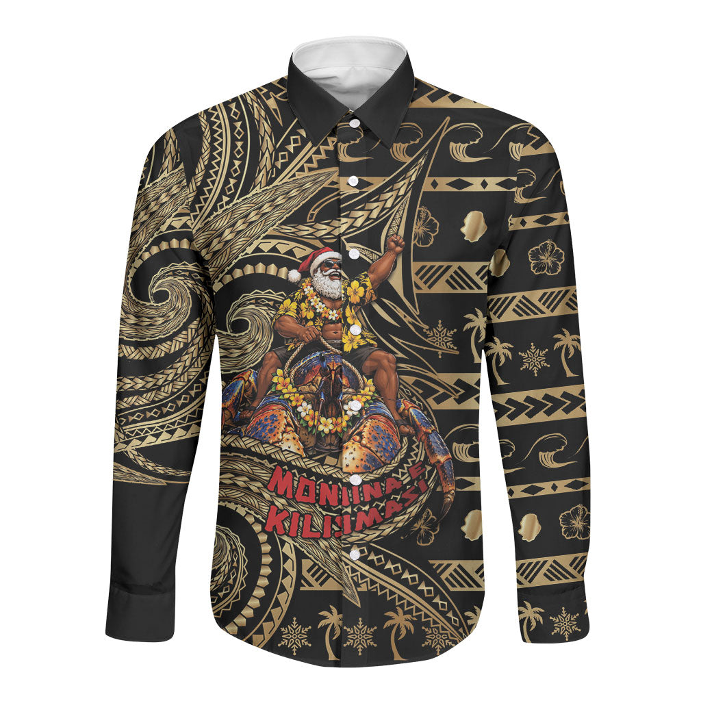 Niue Christmas Long Sleeve Button Shirt Santa Riding Coconut Crab DT05 Unisex Gold - Polynesian Pride