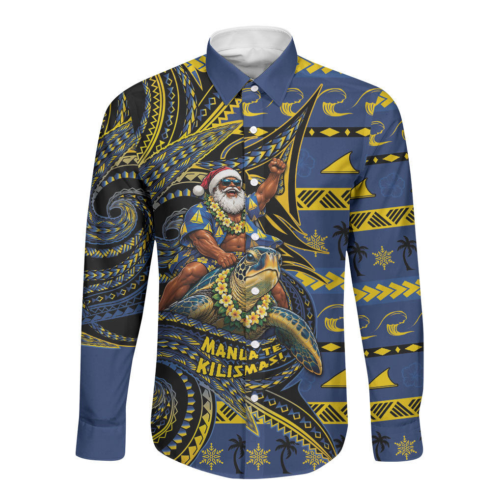 Tokelau Christmas Long Sleeve Button Shirt Santa Riding Sea Turtle DT05 Unisex Navy - Polynesian Pride