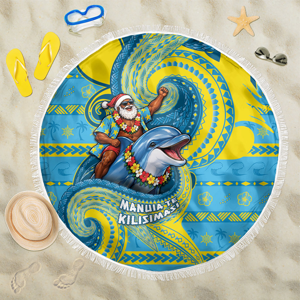 Tuvalu Christmas Beach Blanket Santa Riding Ocean Dolphin