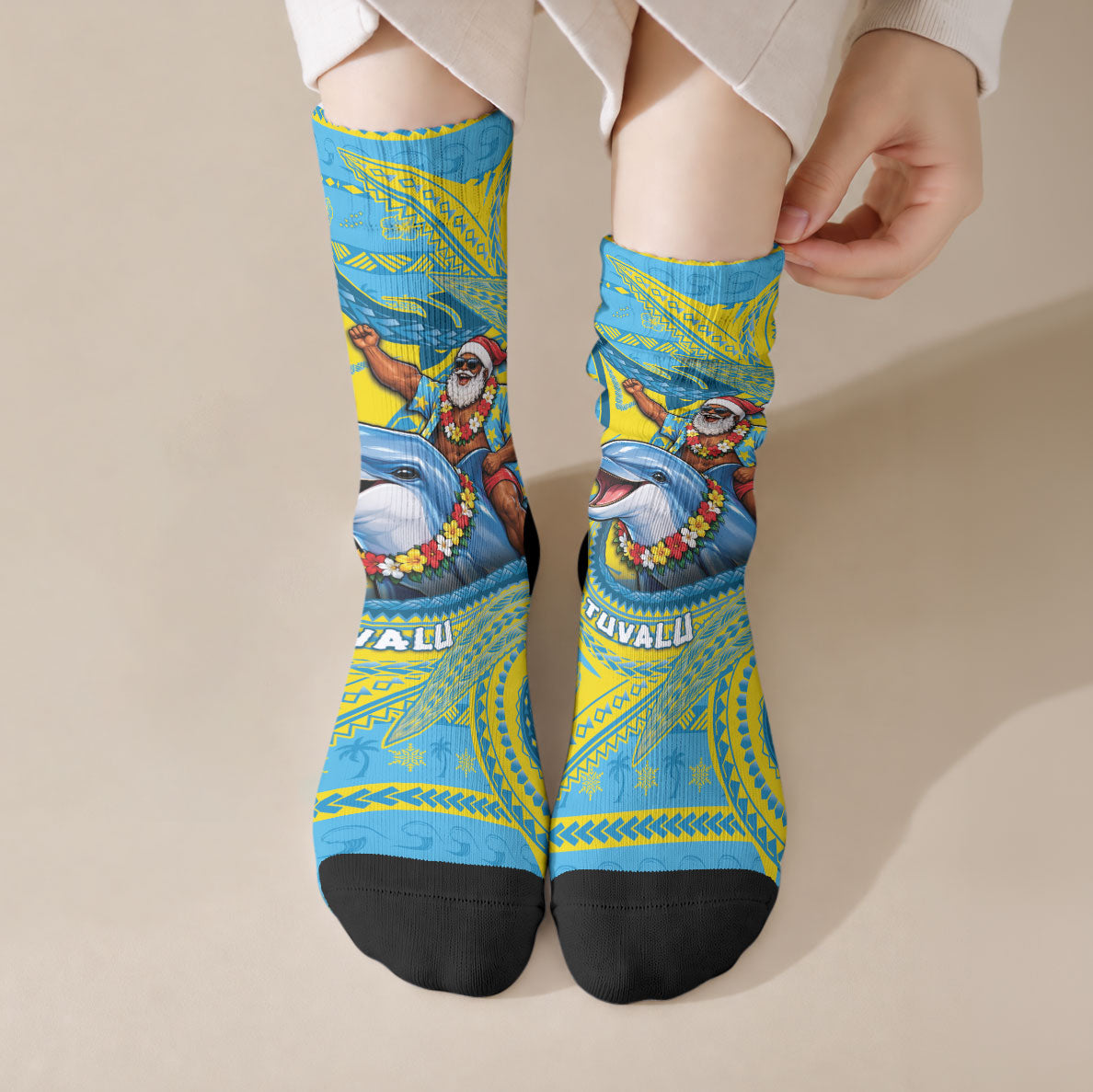Tuvalu Christmas Crew Socks Santa Riding Ocean Dolphin
