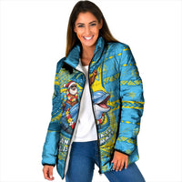 Tuvalu Christmas Padded Jacket Santa Riding Ocean Dolphin DT05 Women Blue - Polynesian Pride