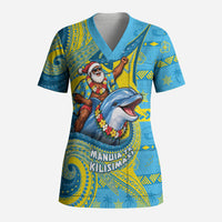Tuvalu Christmas Scrub Top Santa Riding Ocean Dolphin DT05 Adult Blue - Polynesian Pride