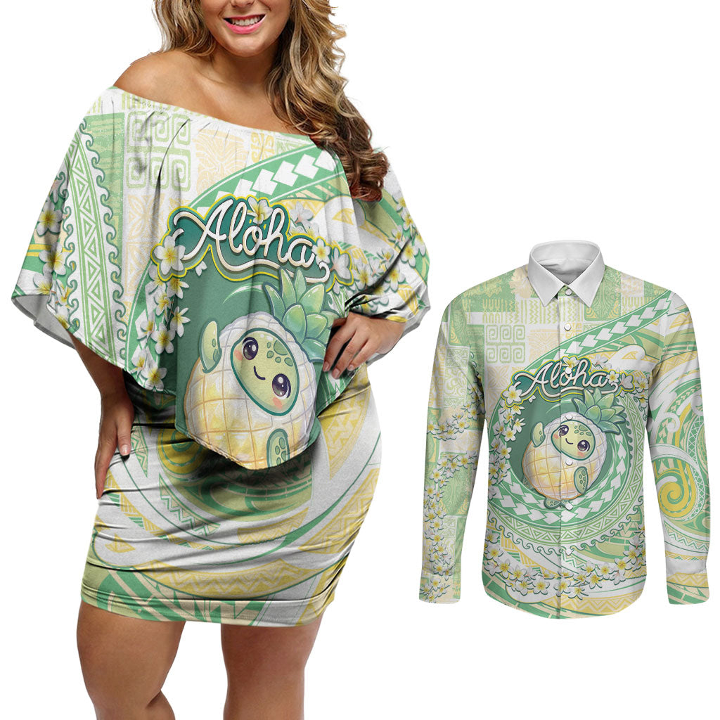 Hawaii Pineapple Couples Matching Off Shoulder Short Dress and Long Sleeve Button Shirt Cute Cosplay Turtle Plumeria Spiral DT05 Mint - Polynesian Pride