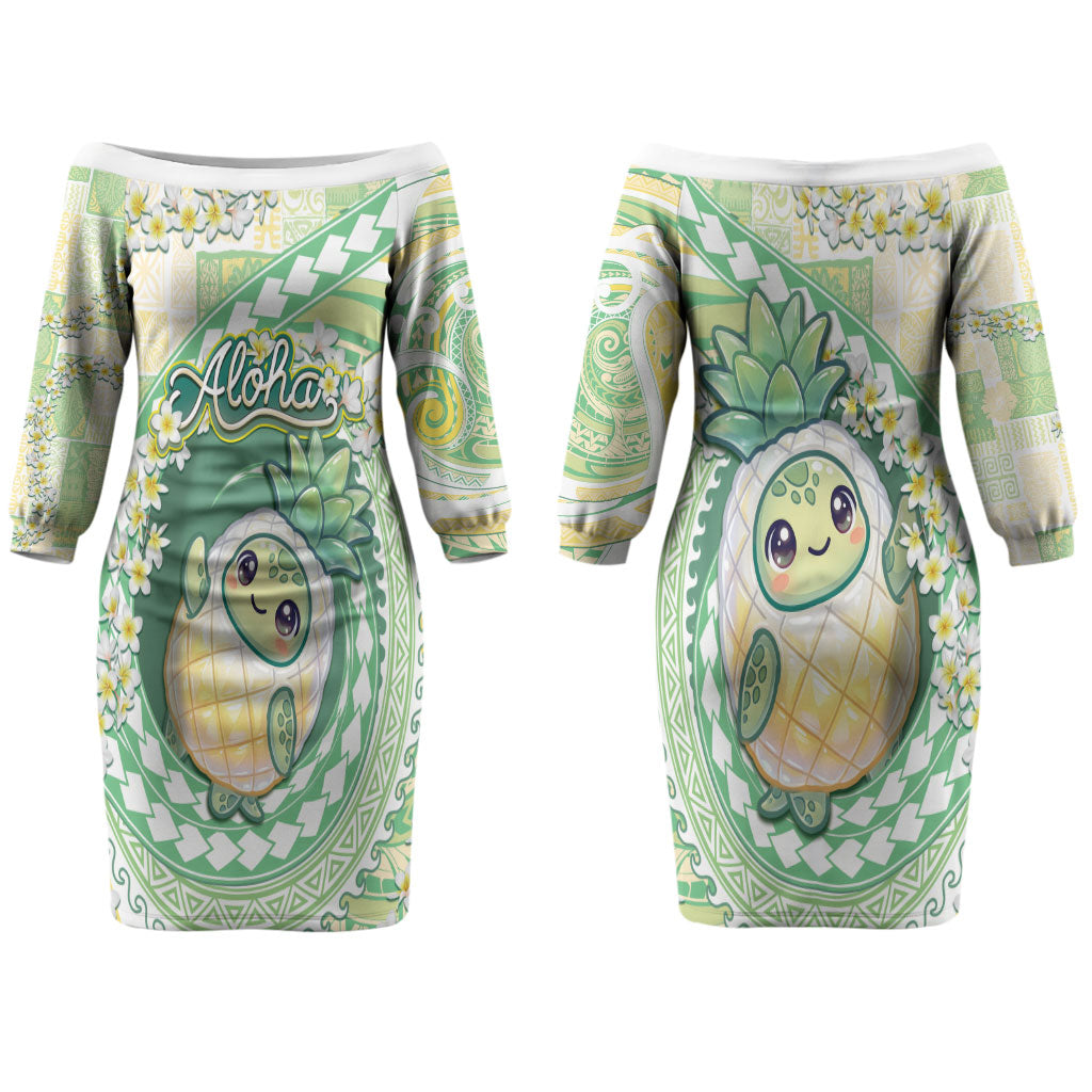 Hawaii Pineapple Couples Matching Off The Shoulder Long Sleeve Dress and Hawaiian Shirt Cute Cosplay Turtle Plumeria Spiral DT05 - Polynesian Pride