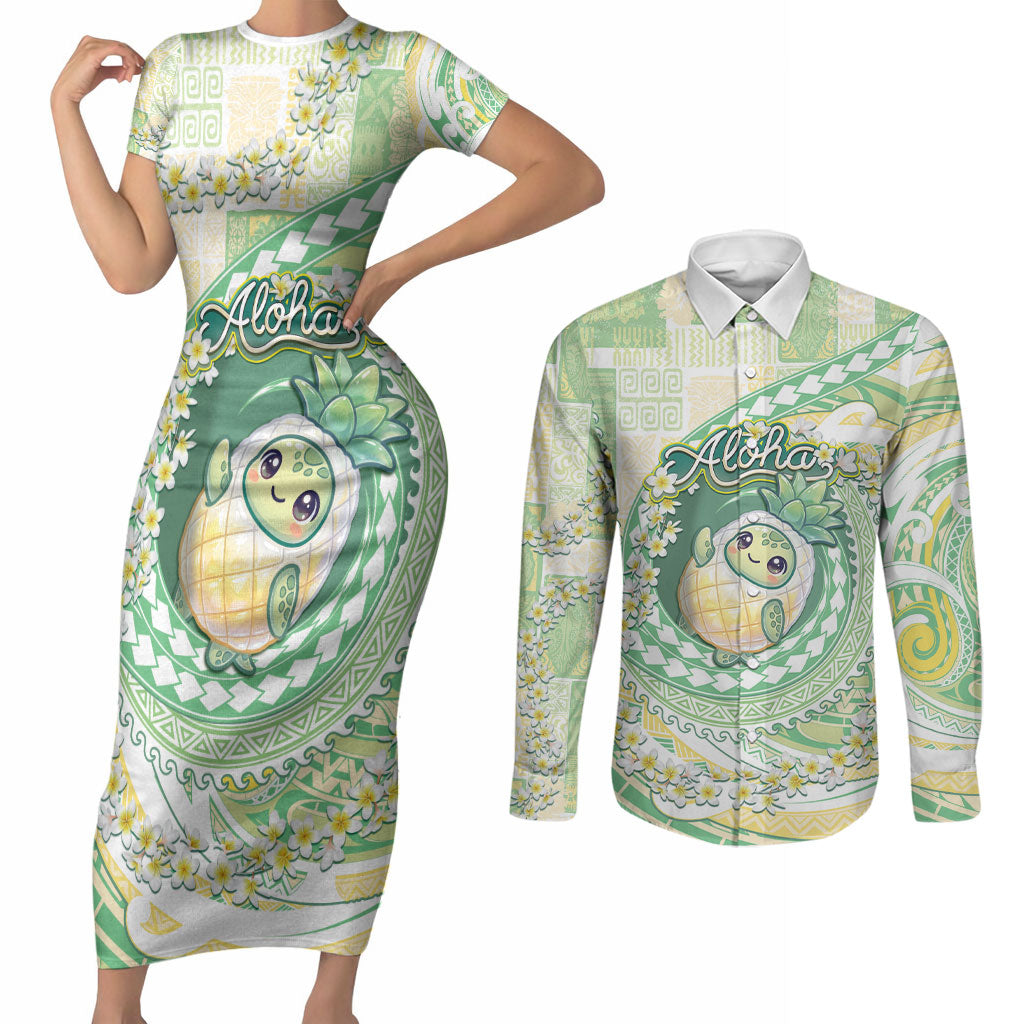 Hawaii Pineapple Couples Matching Short Sleeve Bodycon Dress and Long Sleeve Button Shirt Cute Cosplay Turtle Plumeria Spiral DT05 Mint - Polynesian Pride