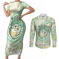 Hawaii Pineapple Couples Matching Short Sleeve Bodycon Dress and Long Sleeve Button Shirt Cute Cosplay Turtle Plumeria Spiral DT05 Mint - Polynesian Pride