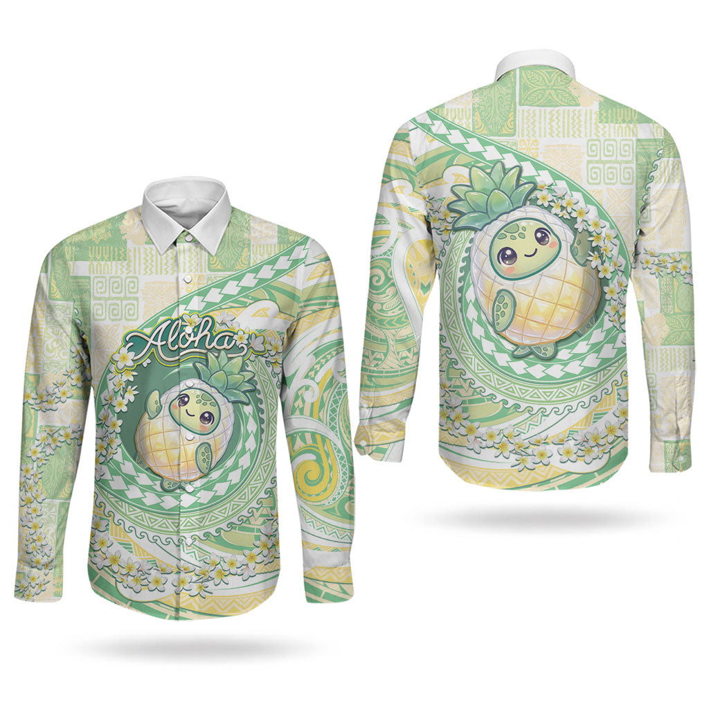 Hawaii Pineapple Couples Matching Short Sleeve Bodycon Dress and Long Sleeve Button Shirt Cute Cosplay Turtle Plumeria Spiral DT05 - Polynesian Pride