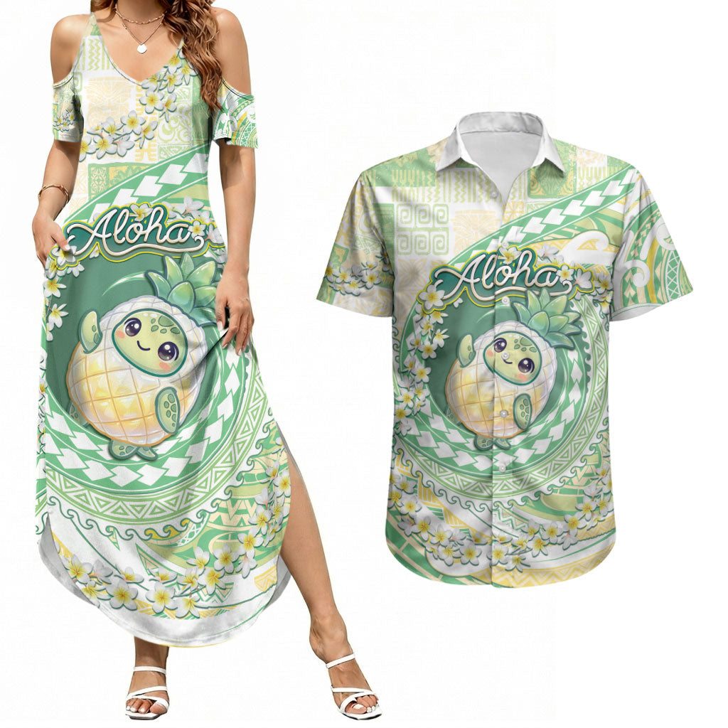Hawaii Pineapple Couples Matching Summer Maxi Dress and Hawaiian Shirt Cute Cosplay Turtle Plumeria Spiral DT05 Mint - Polynesian Pride