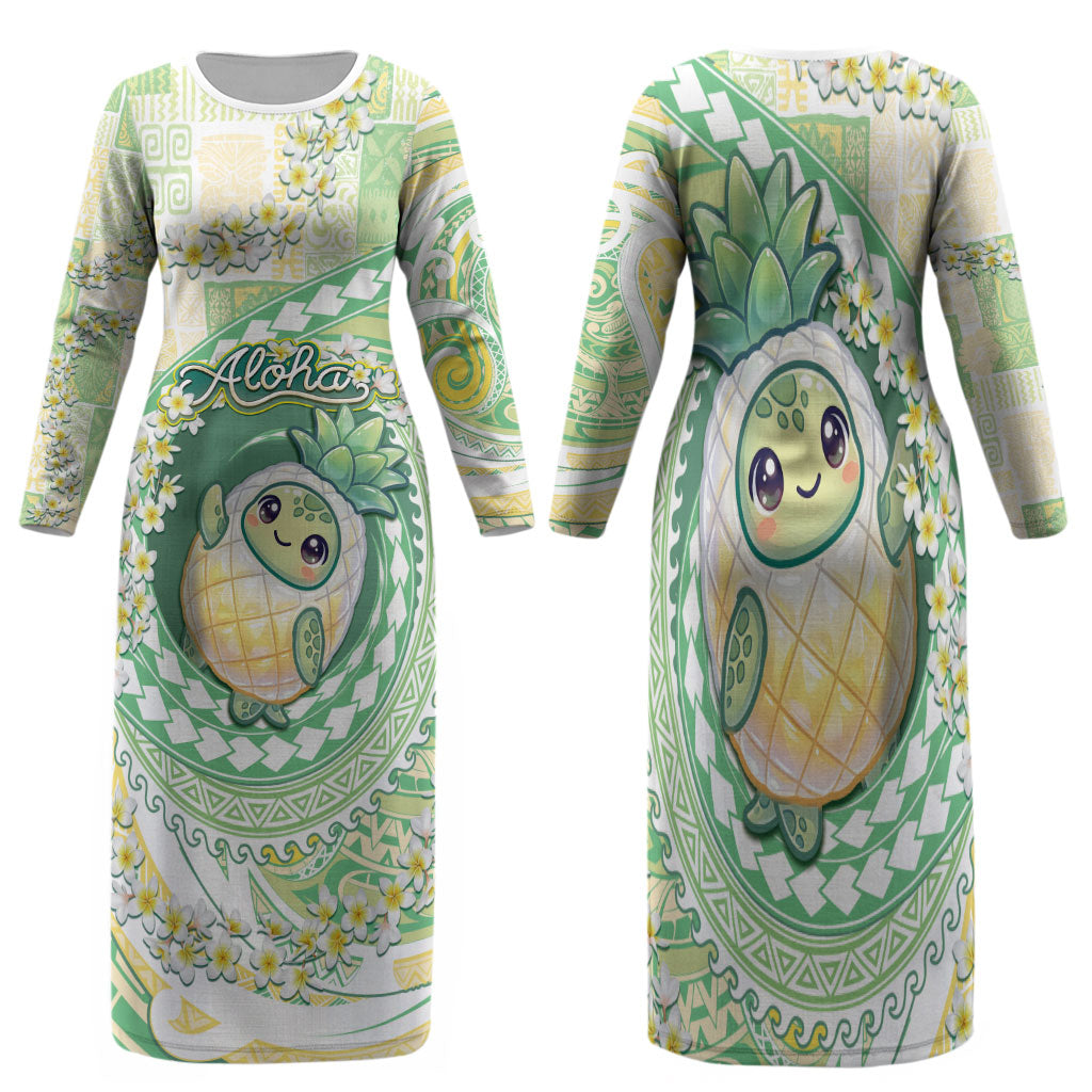 Hawaii Pineapple Family Matching Long Sleeve Bodycon Dress and Hawaiian Shirt Cute Cosplay Turtle Plumeria Spiral DT05 Mom's Dress Mint - Polynesian Pride