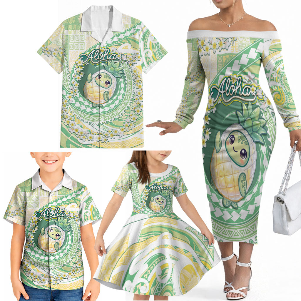 Hawaii Pineapple Family Matching Off The Shoulder Long Sleeve Dress and Hawaiian Shirt Cute Cosplay Turtle Plumeria Spiral
