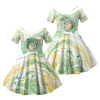 Hawaii Pineapple Family Matching Off Shoulder Maxi Dress and Hawaiian Shirt Cute Cosplay Turtle Plumeria Spiral DT05 Daughter's Dress Mint - Polynesian Pride