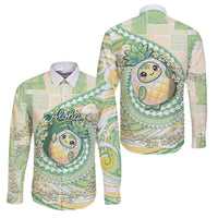 Hawaii Pineapple Family Matching Off Shoulder Short Dress and Hawaiian Shirt Cute Cosplay Turtle Plumeria Spiral DT05 Dad's Shirt - Long Sleeve Mint - Polynesian Pride