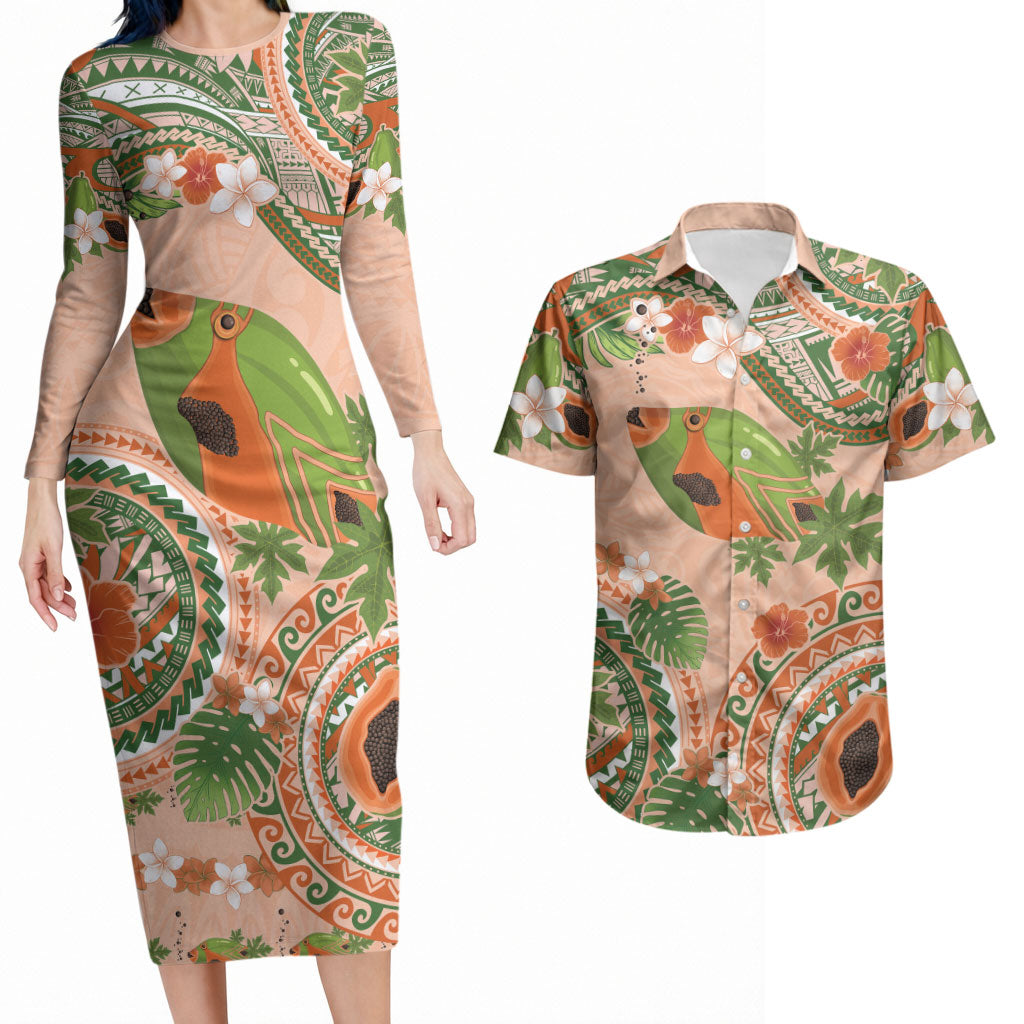 Hawaii Papaya Couples Matching Long Sleeve Bodycon Dress and Hawaiian Shirt Cute Cosplay Humuhumu Fish Plumeria Waves DT05 Orange - Polynesian Pride