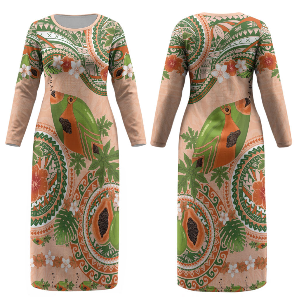 Hawaii Papaya Couples Matching Long Sleeve Bodycon Dress and Long Sleeve Button Shirt Cute Cosplay Humuhumu Fish Plumeria Waves DT05 - Polynesian Pride