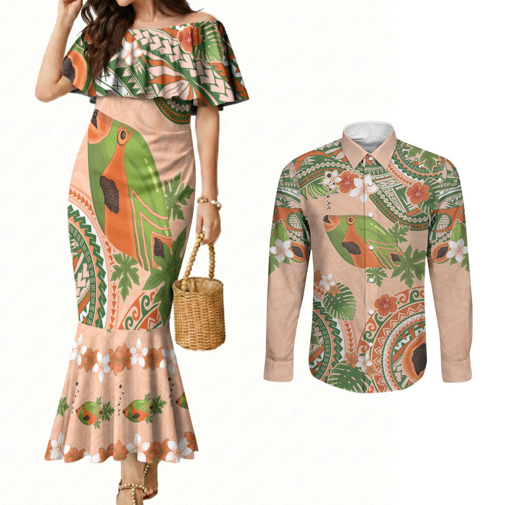 Hawaii Papaya Couples Matching Mermaid Dress and Long Sleeve Button Shirt Cute Cosplay Humuhumu Fish Plumeria Waves DT05 Orange - Polynesian Pride