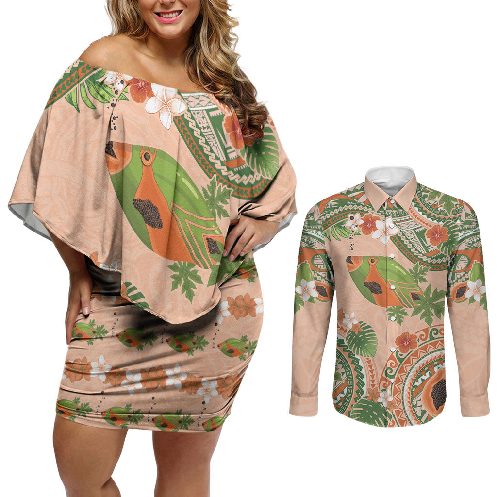 Hawaii Papaya Couples Matching Off Shoulder Short Dress and Long Sleeve Button Shirt Cute Cosplay Humuhumu Fish Plumeria Waves DT05 Orange - Polynesian Pride