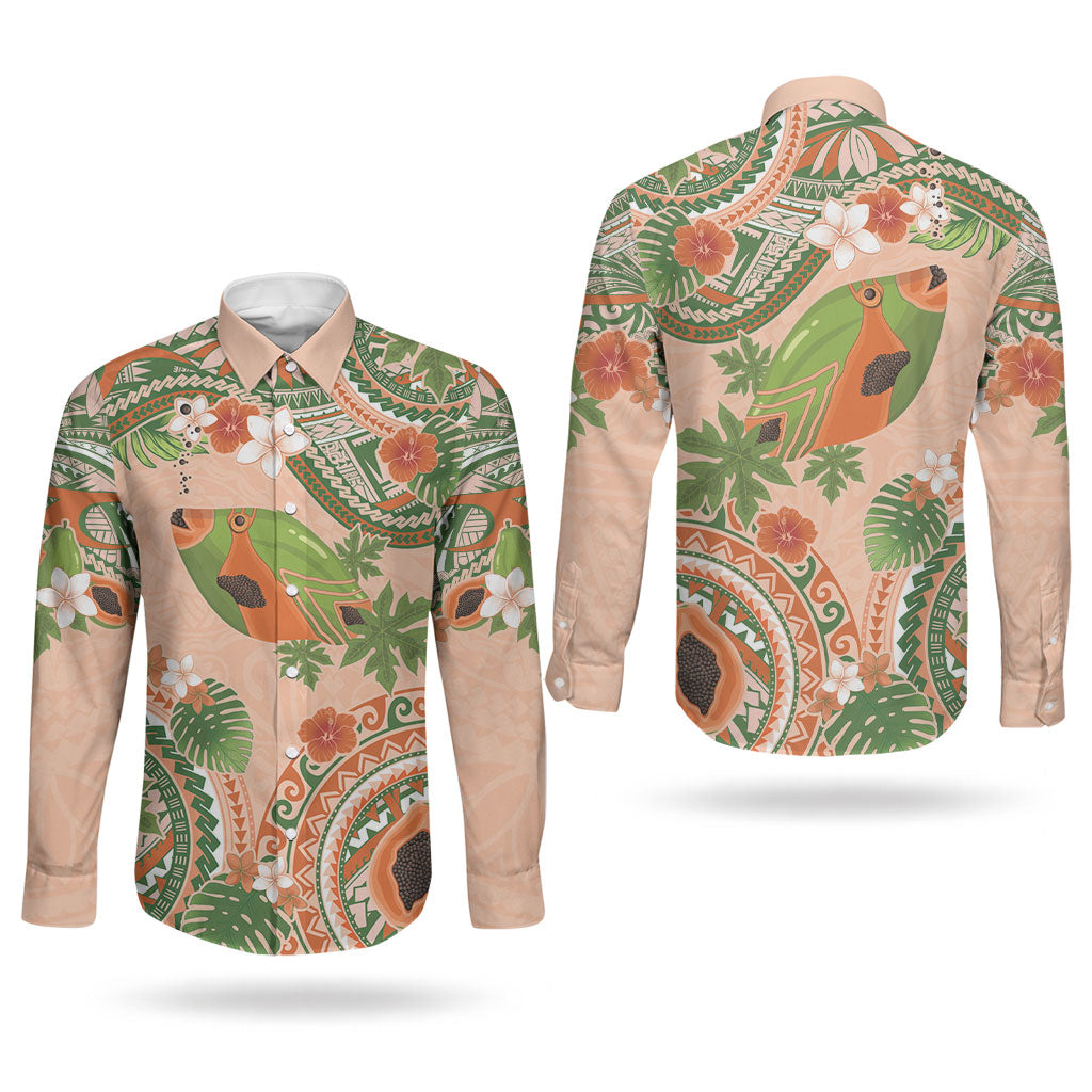 Hawaii Papaya Couples Matching Off Shoulder Short Dress and Long Sleeve Button Shirt Cute Cosplay Humuhumu Fish Plumeria Waves DT05 - Polynesian Pride