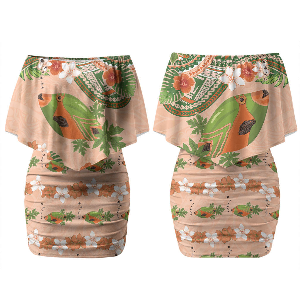 Hawaii Papaya Couples Matching Off Shoulder Short Dress and Long Sleeve Button Shirt Cute Cosplay Humuhumu Fish Plumeria Waves DT05 - Polynesian Pride