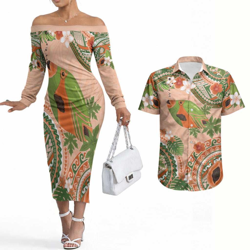 Hawaii Papaya Couples Matching Off The Shoulder Long Sleeve Dress and Hawaiian Shirt Cute Cosplay Humuhumu Fish Plumeria Waves DT05 Orange - Polynesian Pride