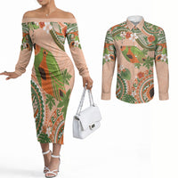 Hawaii Papaya Couples Matching Off The Shoulder Long Sleeve Dress and Long Sleeve Button Shirt Cute Cosplay Humuhumu Fish Plumeria Waves DT05 Orange - Polynesian Pride