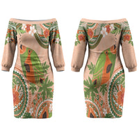 Hawaii Papaya Couples Matching Off The Shoulder Long Sleeve Dress and Long Sleeve Button Shirt Cute Cosplay Humuhumu Fish Plumeria Waves DT05 - Polynesian Pride