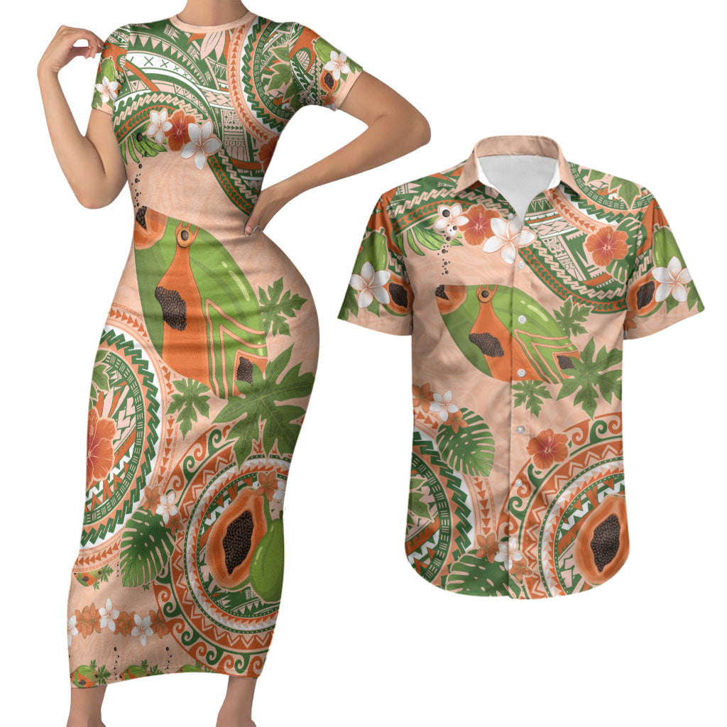 Hawaii Papaya Couples Matching Short Sleeve Bodycon Dress and Hawaiian Shirt Cute Cosplay Humuhumu Fish Plumeria Waves DT05 Orange - Polynesian Pride