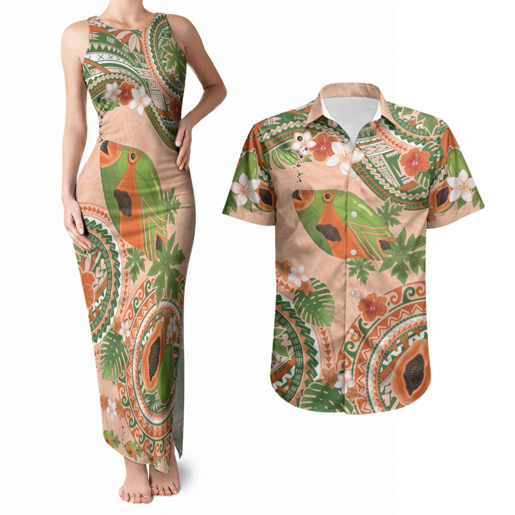 Hawaii Papaya Couples Matching Tank Maxi Dress and Hawaiian Shirt Cute Cosplay Humuhumu Fish Plumeria Waves DT05 Orange - Polynesian Pride