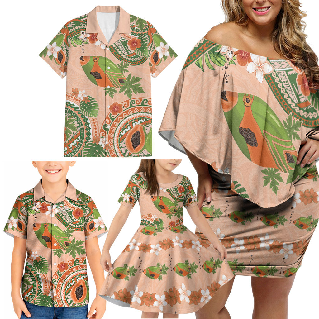 Hawaii Papaya Family Matching Off Shoulder Short Dress and Hawaiian Shirt Cute Cosplay Humuhumu Fish Plumeria Waves DT05 - Polynesian Pride