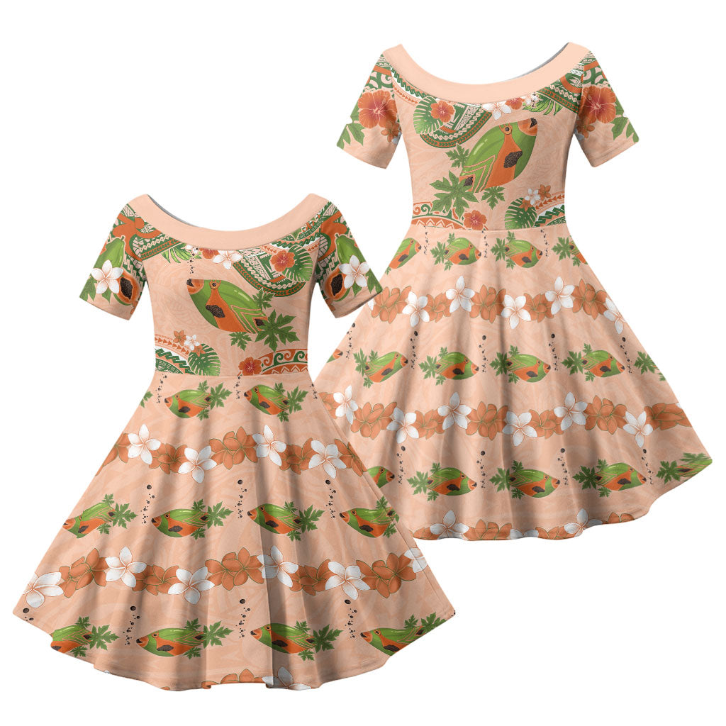 Hawaii Papaya Family Matching Puletasi and Hawaiian Shirt Cute Cosplay Humuhumu Fish Plumeria Waves DT05 Daughter's Dress Orange - Polynesian Pride