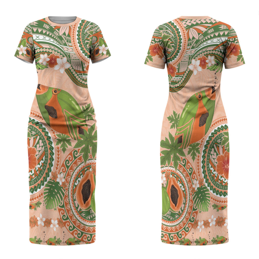 Hawaii Papaya Family Matching Short Sleeve Bodycon Dress and Hawaiian Shirt Cute Cosplay Humuhumu Fish Plumeria Waves DT05 Mom's Dress Orange - Polynesian Pride