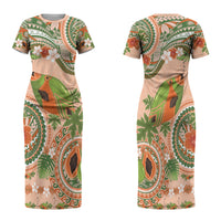 Hawaii Papaya Family Matching Short Sleeve Bodycon Dress and Hawaiian Shirt Cute Cosplay Humuhumu Fish Plumeria Waves DT05 Mom's Dress Orange - Polynesian Pride
