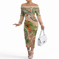 Hawaii Papaya Off The Shoulder Long Sleeve Dress Cute Cosplay Humuhumu Fish Plumeria Waves DT05 Women Orange - Polynesian Pride