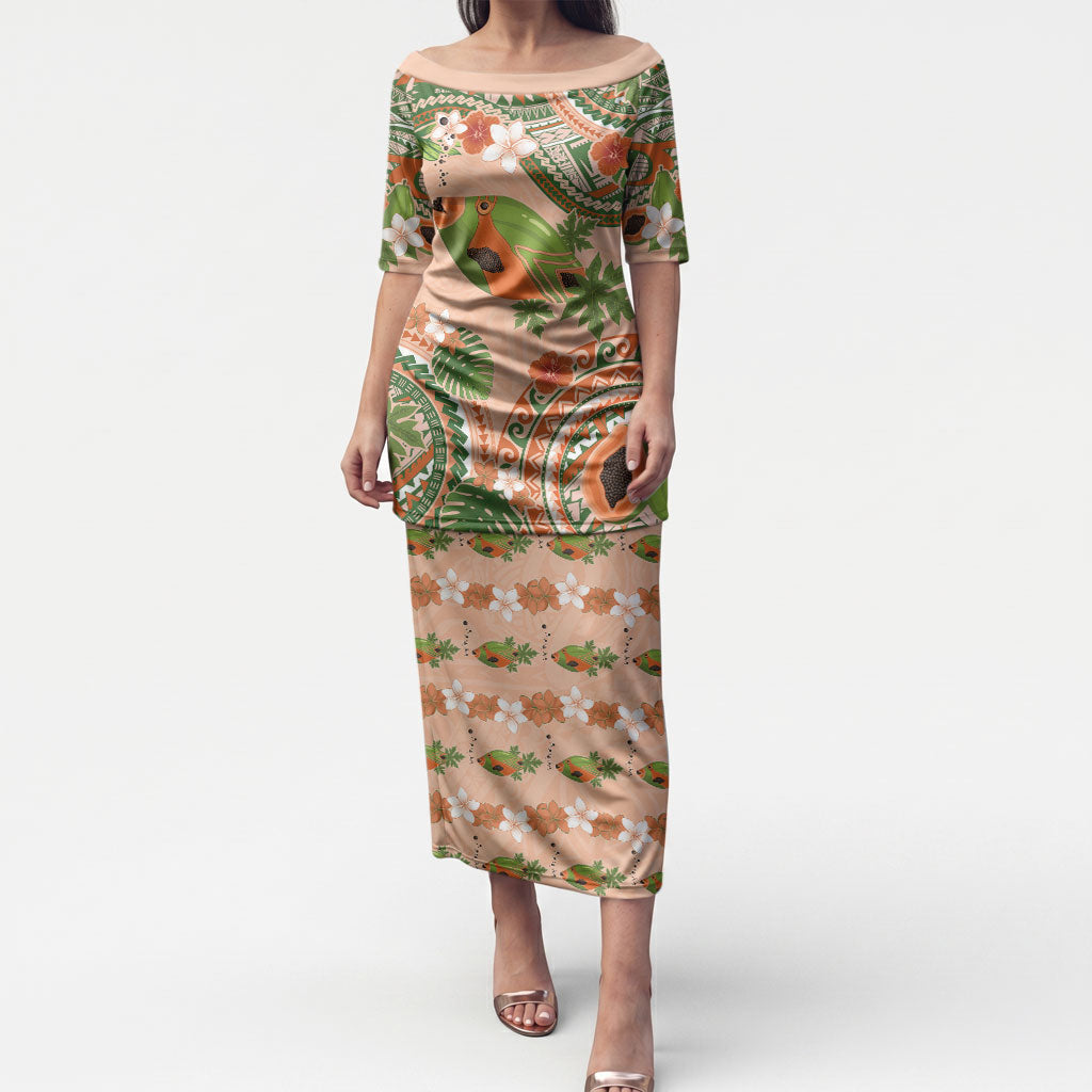 Hawaii Papaya Puletasi Cute Cosplay Humuhumu Fish Plumeria Waves DT05 Long Dress Orange - Polynesian Pride