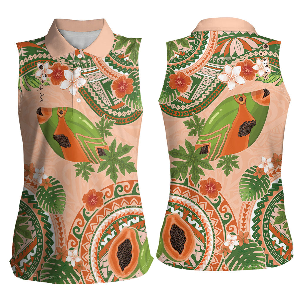Hawaii Papaya Women Sleeveless Polo Shirt Cute Cosplay Humuhumu Fish Plumeria Waves DT05 - Polynesian Pride