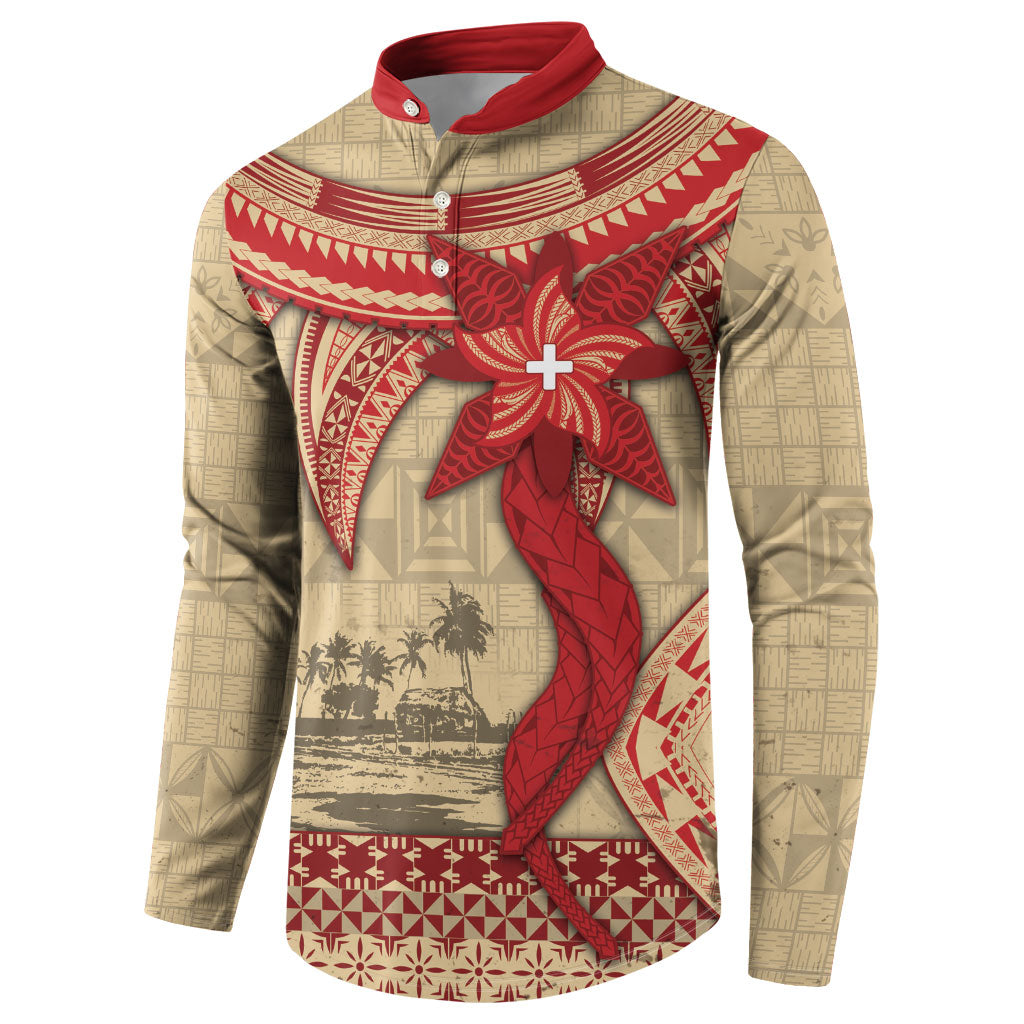 Tonga Language Week Button Sweatshirt Tribal Cross Ngatu Floral Pattern