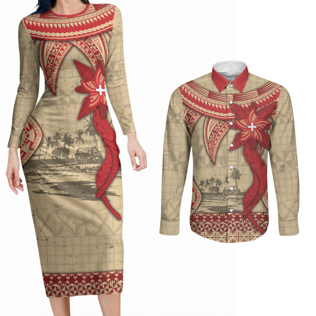 Tonga Language Week Couples Matching Long Sleeve Bodycon Dress and Long Sleeve Button Shirt Tribal Cross Ngatu Floral Pattern