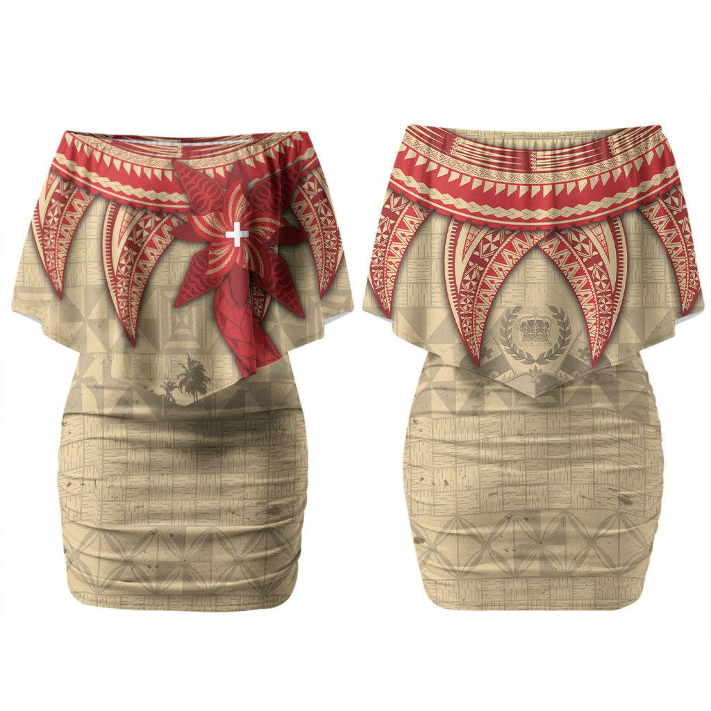 Tonga Language Week Couples Matching Off Shoulder Short Dress and Hawaiian Shirt Tribal Cross Ngatu Floral Pattern