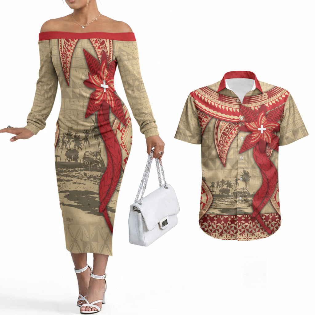Tonga Language Week Couples Matching Off The Shoulder Long Sleeve Dress and Hawaiian Shirt Tribal Cross Ngatu Floral Pattern