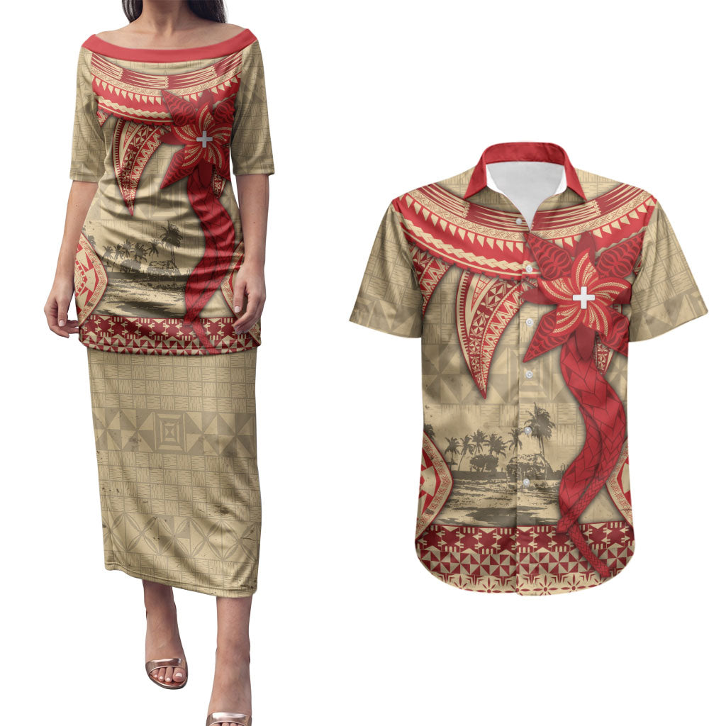 Tonga Language Week Couples Matching Puletasi and Hawaiian Shirt Tribal Cross Ngatu Floral Pattern DT05 Red - Polynesian Pride