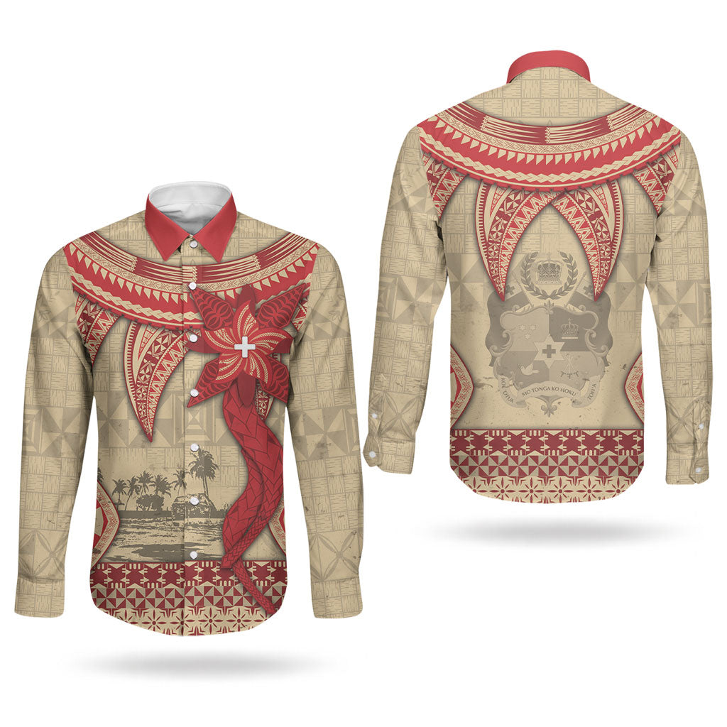 Tonga Language Week Couples Matching Puletasi and Long Sleeve Button Shirt Tribal Cross Ngatu Floral Pattern