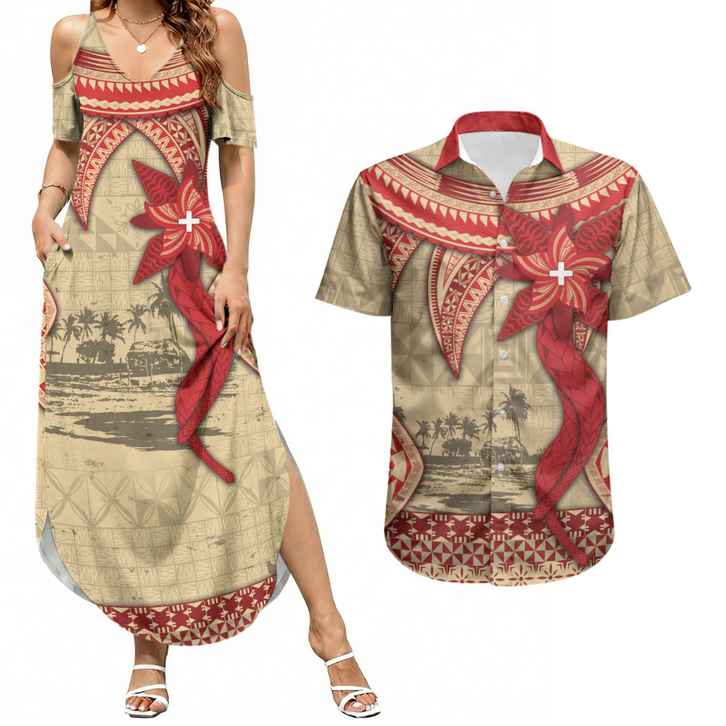 Tonga Language Week Couples Matching Summer Maxi Dress and Hawaiian Shirt Tribal Cross Ngatu Floral Pattern