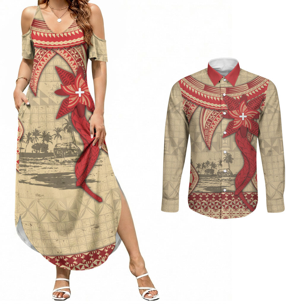 Tonga Language Week Couples Matching Summer Maxi Dress and Long Sleeve Button Shirt Tribal Cross Ngatu Floral Pattern