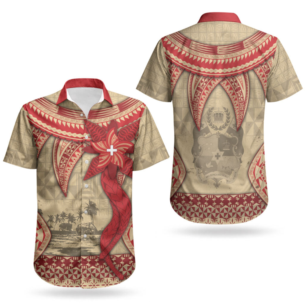 Tonga Language Week Couples Matching Tank Maxi Dress and Hawaiian Shirt Tribal Cross Ngatu Floral Pattern
