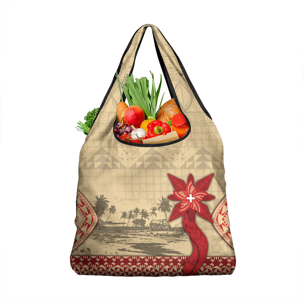 Tonga Language Week Grocery Bag Tribal Cross Ngatu Floral Pattern