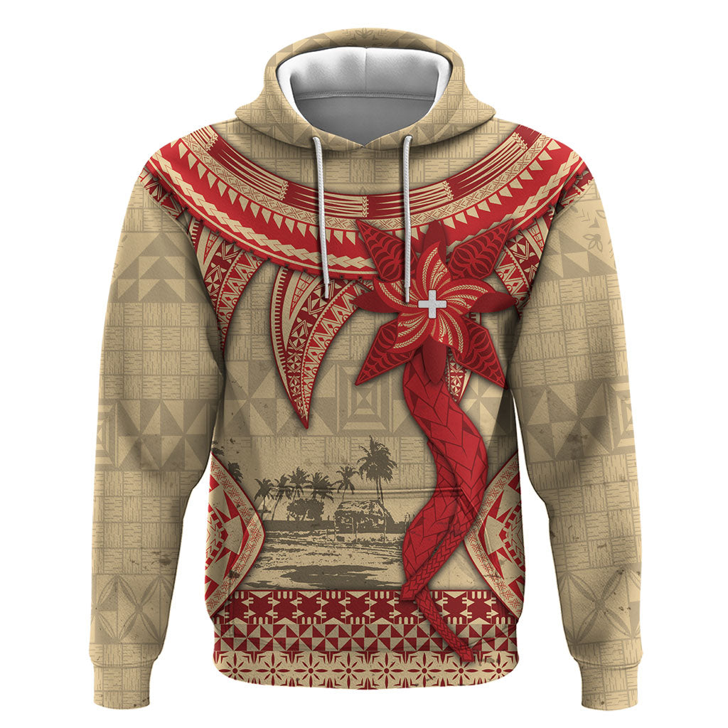 Tonga Language Week Hoodie Tribal Cross Ngatu Floral Pattern DT05 Pullover Hoodie Red - Polynesian Pride